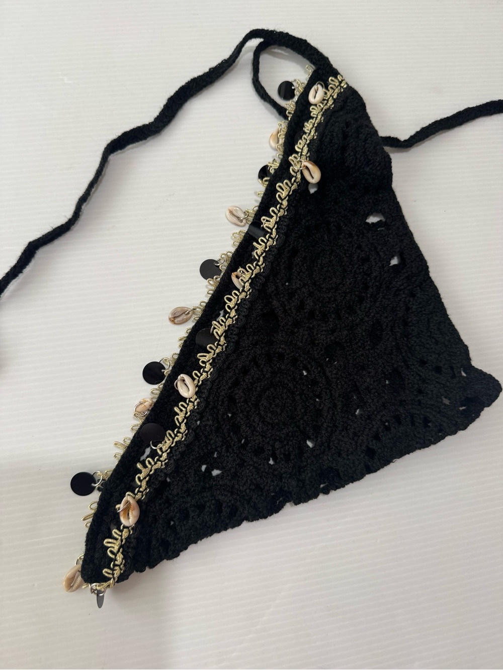 Boho Black Crochet Triangle Head Scarf Shell Charm Trim Beach Festival Bandana - Picture 4 of 9